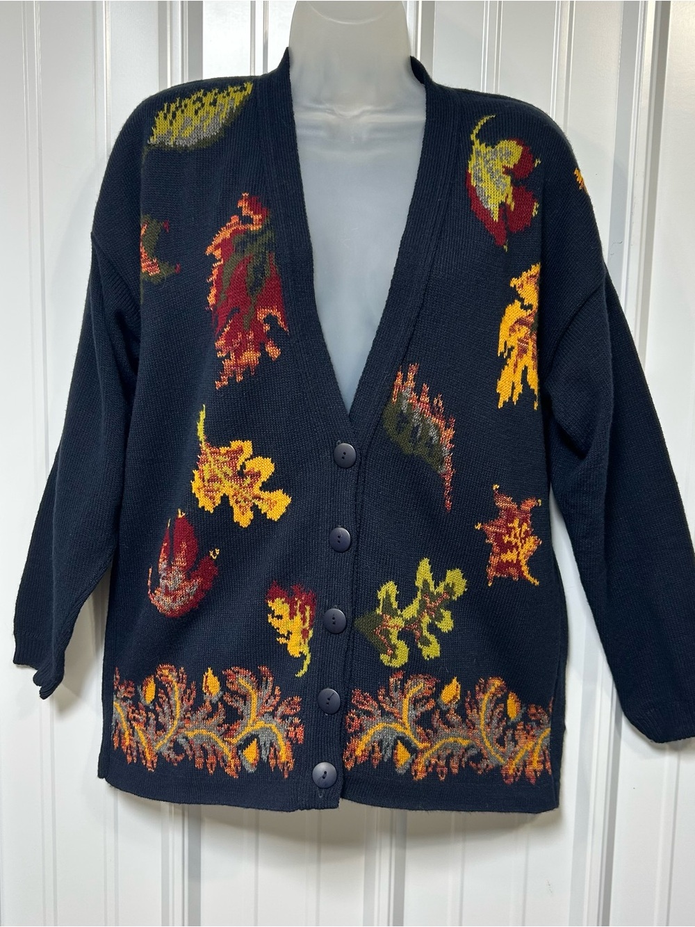 Vintage 90's Autumn Fall Leaves Floral Knitted Cardigan Sweater Sz Womens Med.